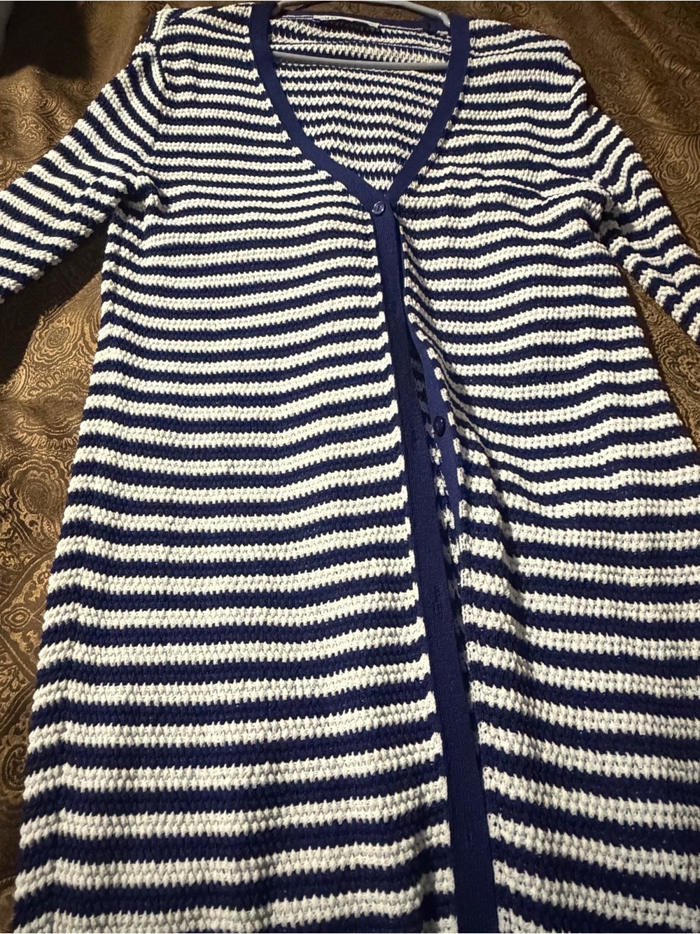 Zara Navy and White Striped V-Neck Button Cardigan
